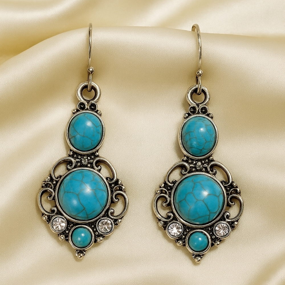 Women's Stylish Silver-tone Filigree Turquoise color Stone Teardrop Earrings